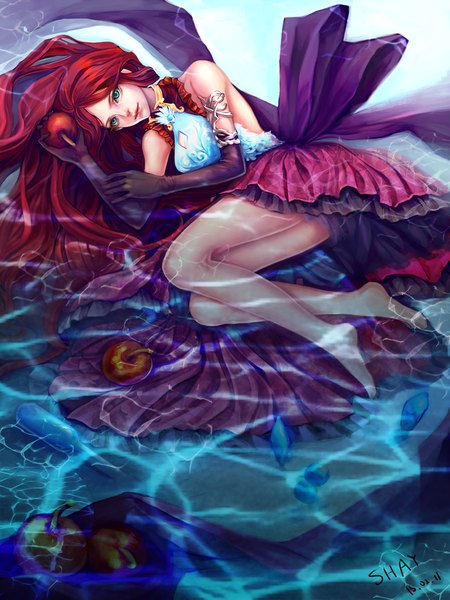 Anime picture 938x1250 with unisha single long hair tall image looking at viewer bare shoulders green eyes red hair barefoot legs girl gloves water elbow gloves bracelet fruit apple