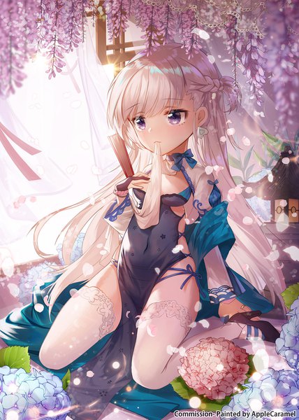 Anime picture 1200x1681 with azur lane belfast (azur lane) belfast (iridescent rose) (azur lane) little bel (azur lane) apple caramel single tall image blush fringe light erotic sitting purple eyes holding looking away cleavage silver hair braid (braids) long sleeves very long hair traditional clothes