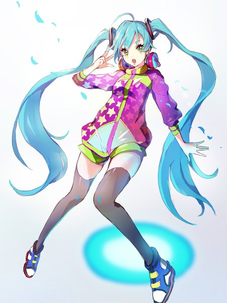 Anime picture 900x1200 with vocaloid hatsune miku sono (pixiv) single tall image open mouth green eyes full body ahoge very long hair aqua hair star print girl thighhighs black thighhighs petals headphones star (symbol)