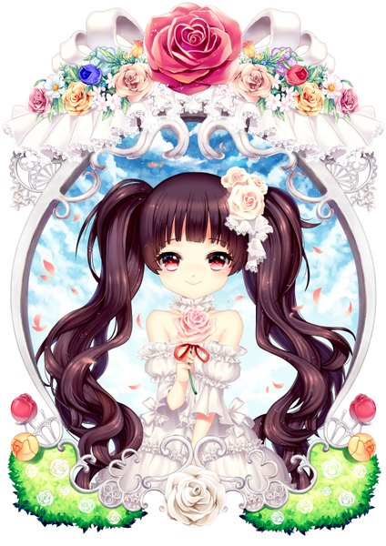 Anime picture 2480x3508 with original black joa long hair tall image highres smile red eyes brown hair twintails bare shoulders loli girl dress flower (flowers) petals