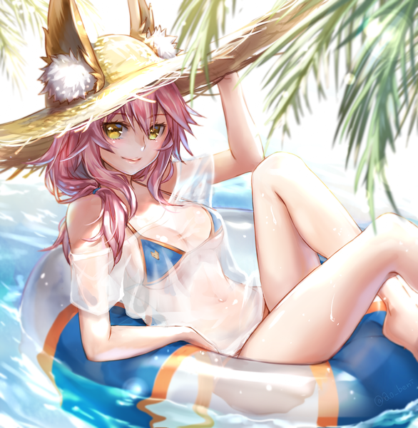 Anime picture 1142x1169 with fate (series) fate/grand order tamamo (fate) (all) tamamo no mae (swimsuit lancer) (fate) ao+beni single long hair tall image looking at viewer blush fringe breasts light erotic smile hair between eyes large breasts sitting bare shoulders animal ears yellow eyes