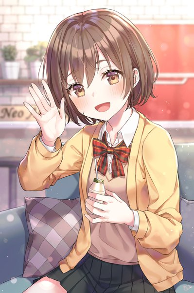 Anime picture 1200x1804 with original soyubee single tall image looking at viewer blush fringe short hair open mouth smile hair between eyes brown hair sitting holding brown eyes indoors long sleeves head tilt :d pleated skirt