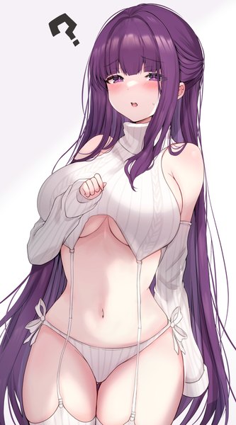 Anime picture 2870x5172 with sousou no frieren fern (sousou no frieren) yu lei single long hair tall image blush fringe highres breasts light erotic simple background large breasts white background purple eyes purple hair blunt bangs underboob half updo ?