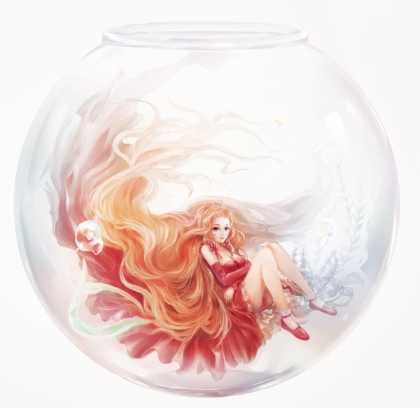 Anime picture 2344x2280 with original mumi single long hair looking at viewer highres white background purple eyes orange hair wavy hair girl dress detached sleeves socks white socks bubble (bubbles) aquarium