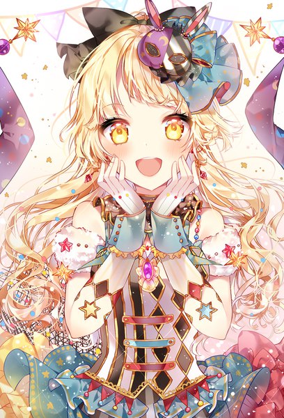 Anime picture 1204x1771 with bang dream! tsurumaki kokoro taya oco single long hair tall image looking at viewer blush fringe open mouth blonde hair bare shoulders yellow eyes upper body :d sparkle fur trim happy wavy hair hands on face