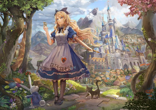 Anime picture 2400x1697 with alice in wonderland original alice (alice in wonderland) rayxray single long hair fringe highres blue eyes blonde hair hair between eyes standing holding looking away sky cloud (clouds) outdoors mountain scenic girl
