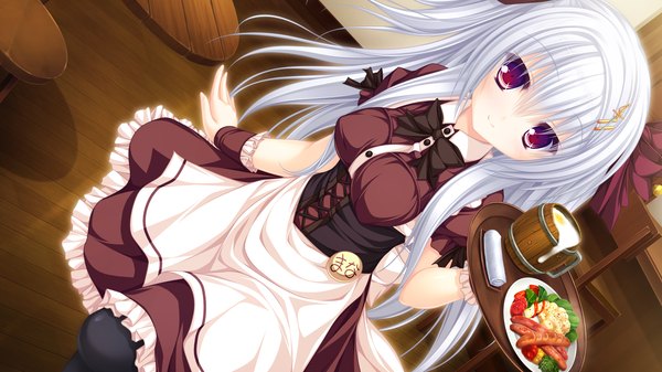 Anime picture 1920x1080 with justy nasty whirlpool (studio) onose mana mikagami mamizu long hair highres red eyes wide image game cg white hair waitress girl dress hair ornament bow hair bow food