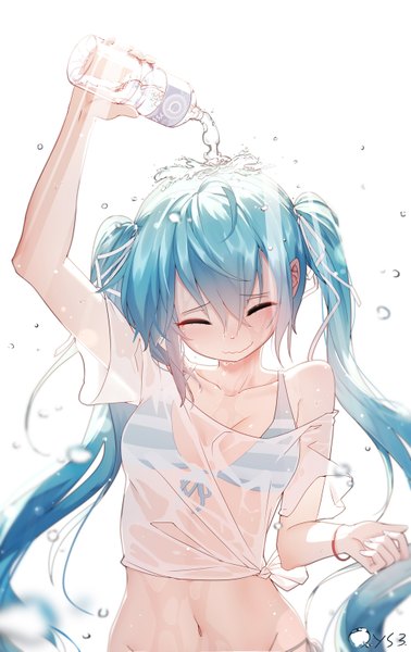 Anime picture 1000x1585 with vocaloid hatsune miku qys3 single long hair tall image blush fringe breasts light erotic simple background hair between eyes white background twintails holding signed payot upper body ahoge eyes closed