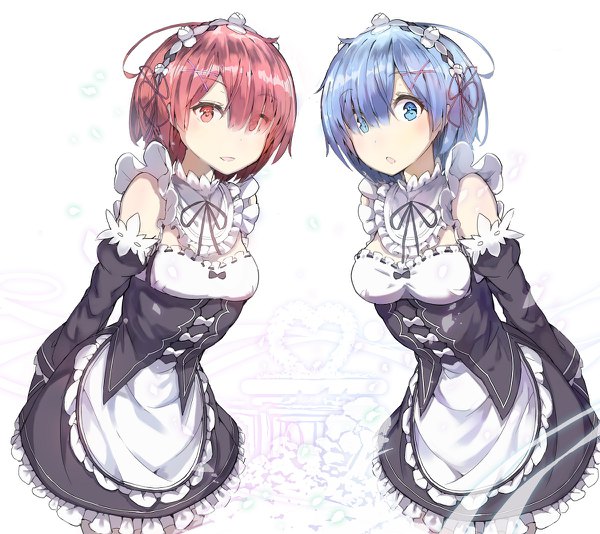 Anime picture 1200x1068 with re:zero kara hajimeru isekai seikatsu white fox rem (re:zero) ram (re:zero) akieda looking at viewer fringe short hair open mouth blue eyes simple background white background multiple girls blue hair pink hair ahoge pink eyes hair over one eye :o maid