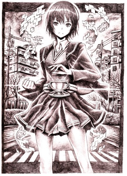 Anime picture 2552x3508 with amagami nanasaki ai nobita (makoto7060355) tall image highres short hair city monochrome girl skirt serafuku belt building (buildings) fist road