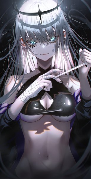 Anime picture 4600x8993 with original noubin single long hair tall image looking at viewer fringe highres breasts blue eyes light erotic hair between eyes large breasts standing absurdres silver hair nail polish fingernails off shoulder arms up