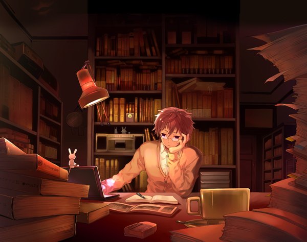 Anime picture 1510x1195 with original takeda mika single short hair brown hair sitting brown eyes indoors chin rest boy shirt glasses book (books) sweater clock lamp teacup plate camera pen