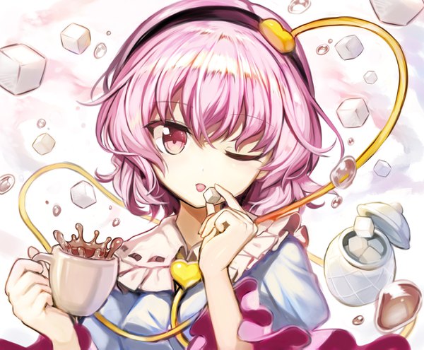 Anime picture 2600x2149 with touhou komeiji satori fuepo single looking at viewer highres short hair pink hair upper body one eye closed pink eyes girl food heart sweets tongue headband tea sugar