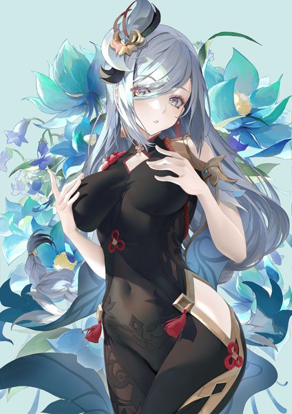 Anime-Bild 3541x5016 mit genshin impact shenhe (genshin impact) haku89 single long hair tall image looking at viewer blush fringe highres breasts blue eyes light erotic large breasts standing absurdres silver hair hair over one eye covered navel hand on chest