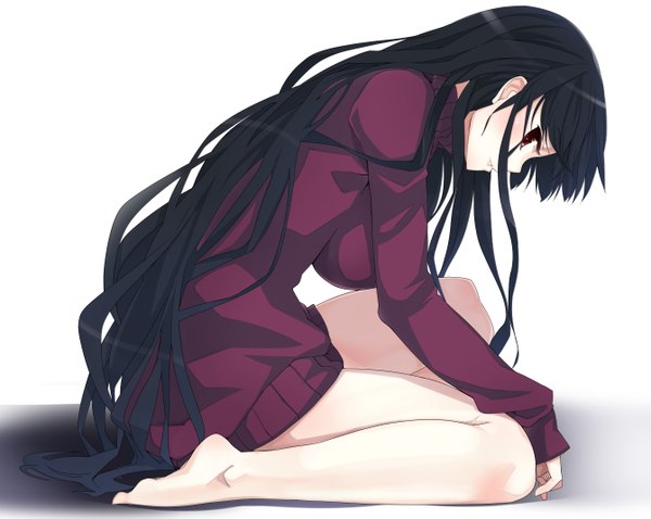 Anime picture 1342x1071 with original baicha single long hair looking at viewer blush fringe black hair simple background smile white background sitting brown eyes long sleeves barefoot bare legs no shoes girl