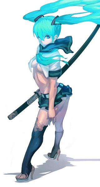 Anime picture 1500x2802 with vocaloid hatsune miku kinggainer long hair tall image highres breasts light erotic white background twintails ass one eye closed aqua eyes wink aqua hair open clothes open shirt girl thighhighs skirt