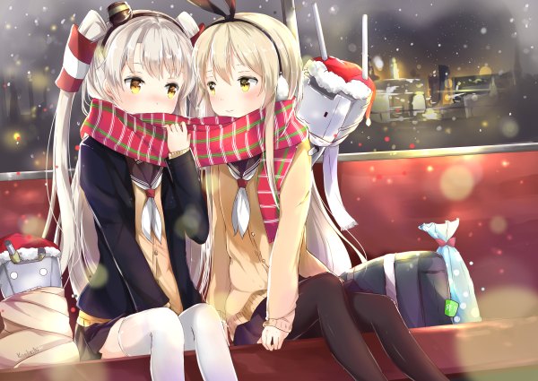 Anime picture 1200x850 with kantai collection shimakaze destroyer amatsukaze destroyer rensouhou-kun konka long hair blush fringe blonde hair smile sitting multiple girls yellow eyes white hair pleated skirt blurry sparkle two side up depth of field embarrassed