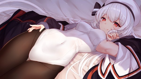 Anime picture 3840x2160 with warship girls r chaser (warship girls r) bison cangshu single long hair looking at viewer blush fringe highres breasts light erotic red eyes wide image absurdres white hair lying shadow armpit (armpits) on back dutch angle