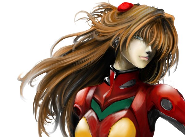Anime picture 1718x1276 with neon genesis evangelion rebuild of evangelion gainax soryu asuka langley uramix (pixiv) single long hair fringe highres blue eyes simple background brown hair white background lips hair over one eye realistic girl pilot suit