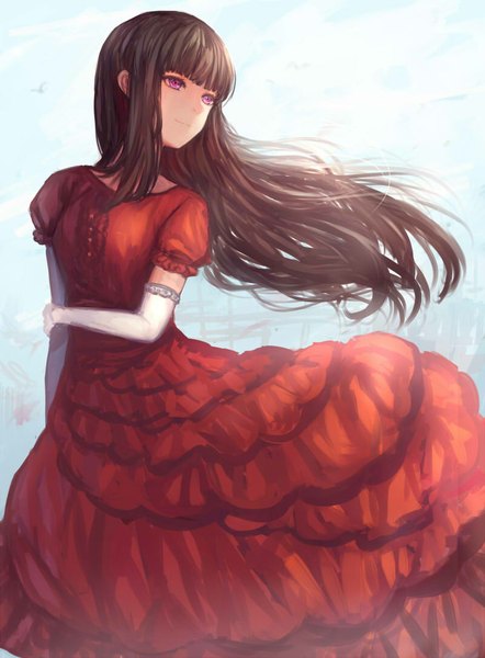 Anime picture 800x1086 with original nio (jacky19921205) single long hair tall image black hair purple eyes looking away girl dress gloves elbow gloves white gloves red dress