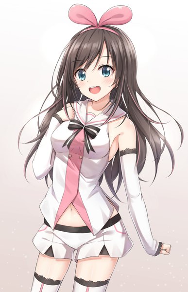 Anime picture 600x930 with virtual youtuber a.i. channel kizuna ai akira (been0328) single long hair tall image looking at viewer blush fringe breasts open mouth simple background smile brown hair large breasts standing bare shoulders :d aqua eyes