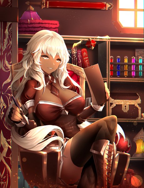 Anime picture 800x1043 with original limeblock single long hair tall image looking at viewer fringe breasts light erotic large breasts sitting yellow eyes cleavage white hair crossed legs dark skin girl thighhighs black thighhighs window