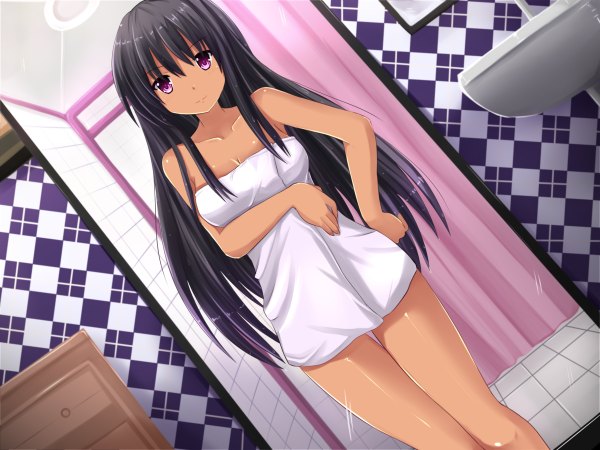 Anime picture 2400x1800 with hunie pop kyanna delrio pinguin-kotak single long hair highres light erotic black hair smile bare shoulders pink eyes dutch angle naked towel girl towel bathroom