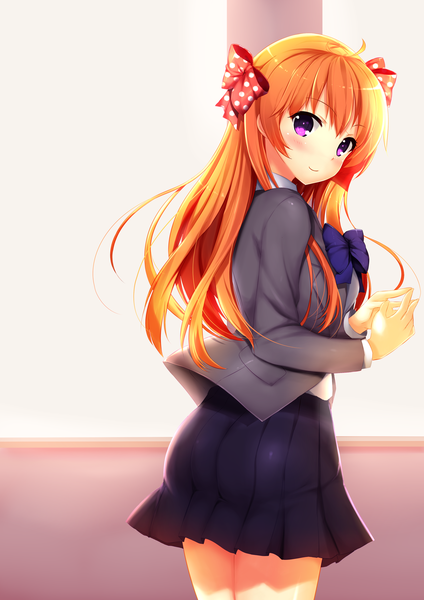 Anime picture 2480x3507 with gekkan shoujo nozaki-kun doga kobo sakura chiyo kaho okashii single long hair tall image looking at viewer blush highres purple eyes orange hair turning head girl skirt uniform school uniform miniskirt jacket bowtie