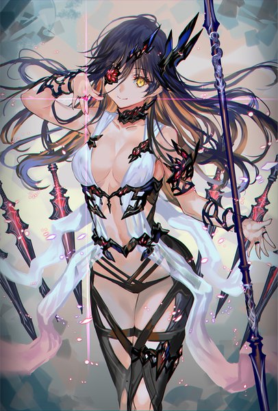 Anime picture 880x1300 with original ranou single long hair tall image looking at viewer fringe breasts light erotic smile hair between eyes standing yellow eyes multicolored hair two-tone hair sparkle sideboob floating hair glowing colored inner hair
