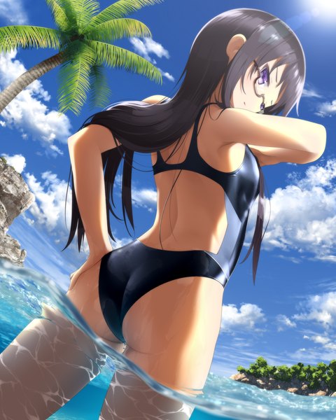 Anime picture 1000x1250 with jinsei endou rino haribote (tarao) single long hair tall image blue eyes light erotic black hair sky cloud (clouds) back girl swimsuit plant (plants) tree (trees) glasses one-piece swimsuit palm tree school swimsuit