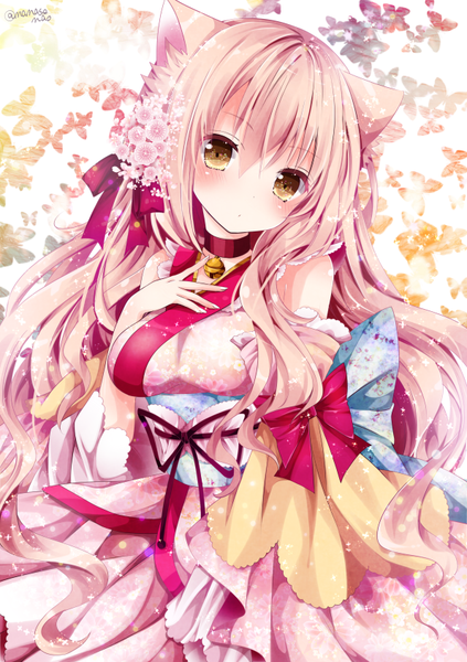 Anime picture 595x842 with original nanase kureha nanase nao single long hair tall image fringe hair between eyes brown eyes signed animal ears pink hair head tilt hair flower cat ears wide sleeves sparkle cat girl floral print hand on chest