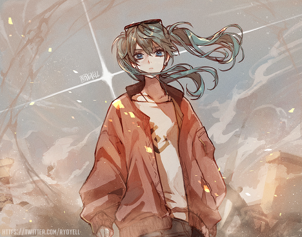 Anime picture 904x709 with vocaloid suna no wakusei (vocaloid) hatsune miku ryoyell single looking at viewer fringe blue eyes hair between eyes standing twintails signed wind aqua hair open jacket sunglasses on head serious dust girl jacket