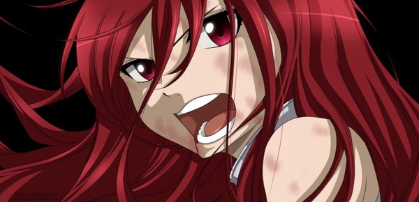 Anime picture 1500x726 with fairy tail erza scarlet lanessa29 single long hair open mouth simple background red eyes wide image red hair coloring black background close-up screaming girl blood