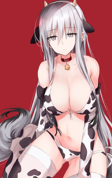 Anime picture 1000x1587 with original kinona (kino10) single long hair tall image fringe breasts light erotic hair between eyes large breasts sitting animal ears payot cleavage multicolored hair horn (horns) grey hair two-tone hair grey eyes no shoes
