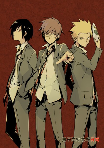 Anime picture 1000x1414 with danshi koukousei no nichijou tabata hidenori tanaka yoshitake tadakuni president (danshi koukousei) tall image short hair black hair blonde hair red eyes brown hair standing yellow eyes profile pink eyes multiple boys open collar red background pointing boy