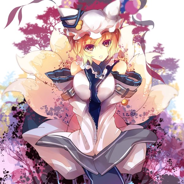 Anime picture 2000x2000 with touhou yakumo ran rain lan single looking at viewer highres short hair breasts blonde hair bare shoulders brown eyes animal ears tail animal tail fox ears fox tail fox girl multiple tails girl dress