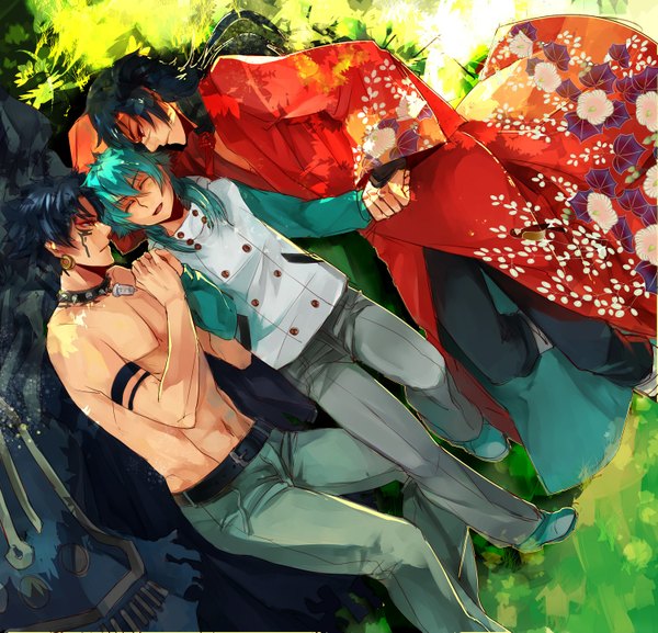 Anime picture 1500x1443 with dramatical murder nitro+chiral aoba (dmmd) ren (dmmd) koujaku long hair short hair open mouth black hair bare shoulders blue hair lying eyes closed traditional clothes multiple boys tattoo holding hands scar shounen ai boy