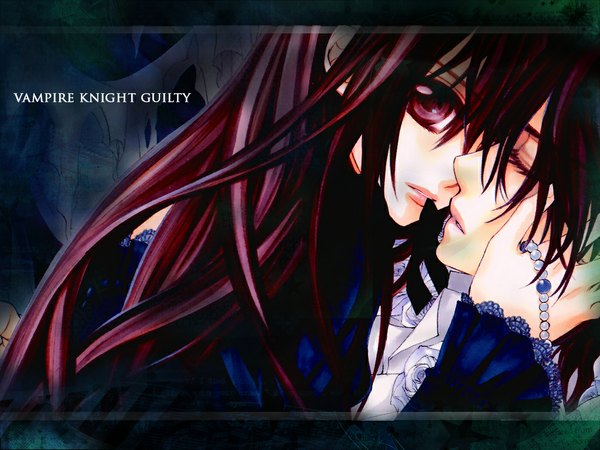 Anime picture 1024x768 with vampire knight studio deen cross yuki clan kaname long hair short hair red eyes red hair eyes closed lips inscription couple kiss vampire almost kiss girl boy shirt beads