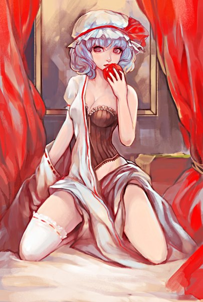Anime picture 1000x1480 with touhou remilia scarlet miyako (pixiv) single tall image short hair breasts blue hair looking away grey eyes kneeling striped girl thighhighs bow white thighhighs curtains bonnet fruit single thighhigh
