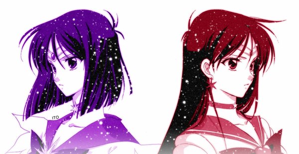 Anime picture 1000x515 with bishoujo senshi sailor moon toei animation hino rei sailor mars tomoe hotaru sailor saturn ito long hair short hair simple background red eyes wide image white background purple eyes multiple girls sparkle girl bow 2 girls heart