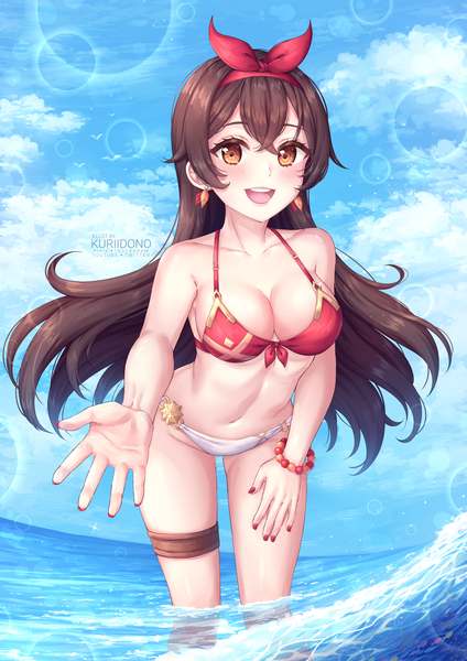 Anime picture 1403x1984 with genshin impact amber (genshin impact) kuriidono single long hair tall image looking at viewer blush fringe breasts open mouth light erotic hair between eyes brown hair large breasts standing brown eyes signed sky cloud (clouds)