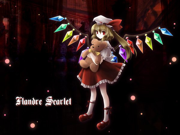 Anime picture 1600x1200 with touhou flandre scarlet plue (coruru) highres blonde hair red eyes ponytail wallpaper girl ribbon (ribbons) hat wings toy stuffed animal teddy bear