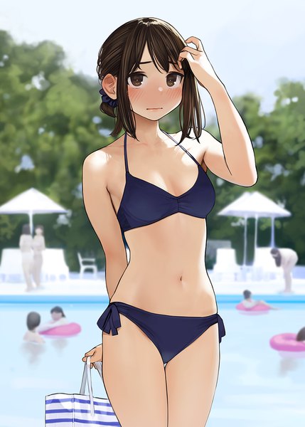 Anime picture 858x1200 with ganbare douki-chan douki-chan (douki-chan) yomu (sgt epper) tall image looking at viewer blush fringe short hair breasts light erotic brown hair standing holding brown eyes payot sky cleavage outdoors arm up blurry
