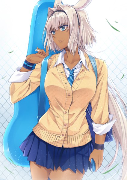 Anime picture 3507x4960 with fate (series) fate/grand order caenis (fate) gu li single tall image fringe highres short hair breasts blue eyes hair between eyes large breasts standing holding animal ears payot looking away absurdres white hair