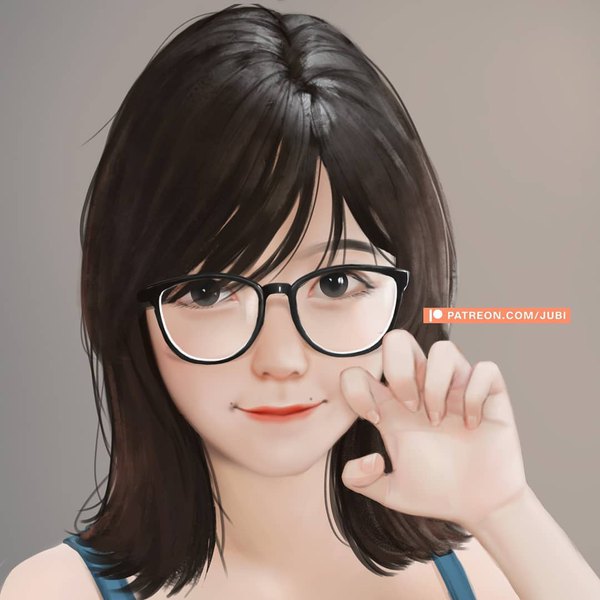 Anime picture 1080x1080 with real life ditta amelia saraswati jubi (regiana) single looking at viewer fringe short hair black hair simple background smile signed black eyes realistic grey background mole lipstick portrait claw pose girl glasses