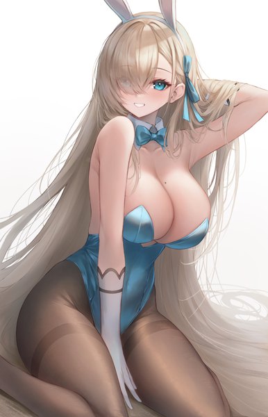 Anime picture 2700x4200 with blue archive asuna (blue archive) asuna (bunny) (blue archive) ijac ray single tall image looking at viewer blush fringe highres breasts blue eyes light erotic simple background blonde hair smile large breasts white background sitting animal ears