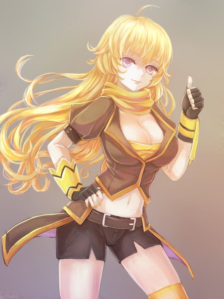 Anime picture 1000x1333 with rwby rooster teeth yang xiao long ringovalent single long hair tall image looking at viewer blush breasts blonde hair simple background smile large breasts cleavage ahoge lips grey background bare belly hand on hip