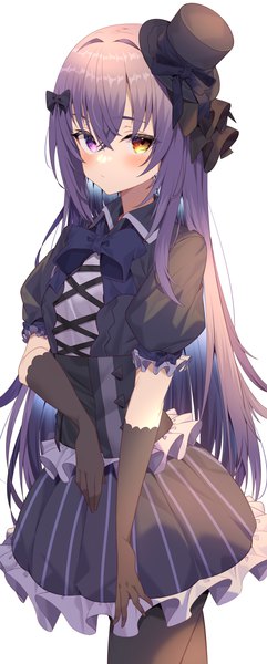 Anime picture 1819x4520 with original jun (aousa0328) single long hair tall image looking at viewer blush fringe highres simple background hair between eyes standing white background purple eyes yellow eyes purple hair short sleeves heterochromia striped frilled dress