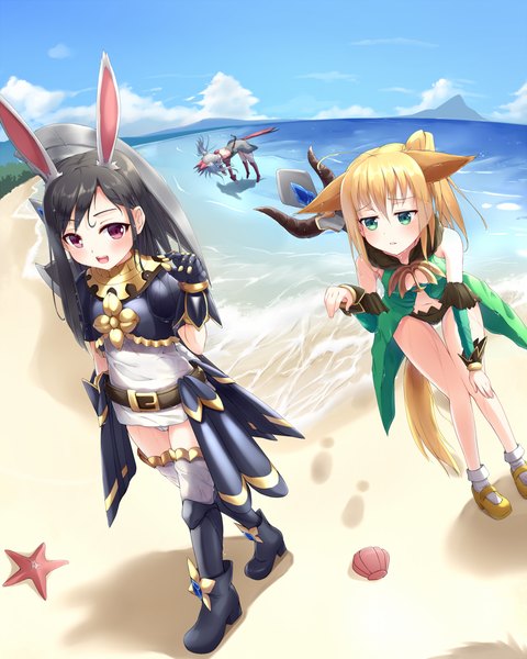 Anime picture 1000x1249 with tera online yaguo ya guo (artist) long hair tall image blush short hair black hair blonde hair multiple girls green eyes animal ears sky animal tail pink eyes beach sand girl socks shoes