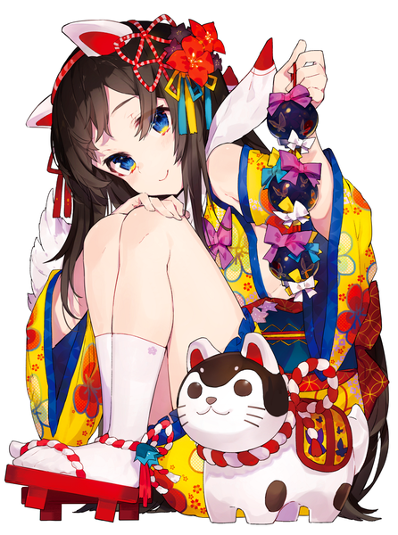 Anime picture 975x1311 with original mika pikazo single long hair tall image looking at viewer blush blue eyes simple background smile brown hair white background sitting holding animal ears full body head tilt wide sleeves fake animal ears new year